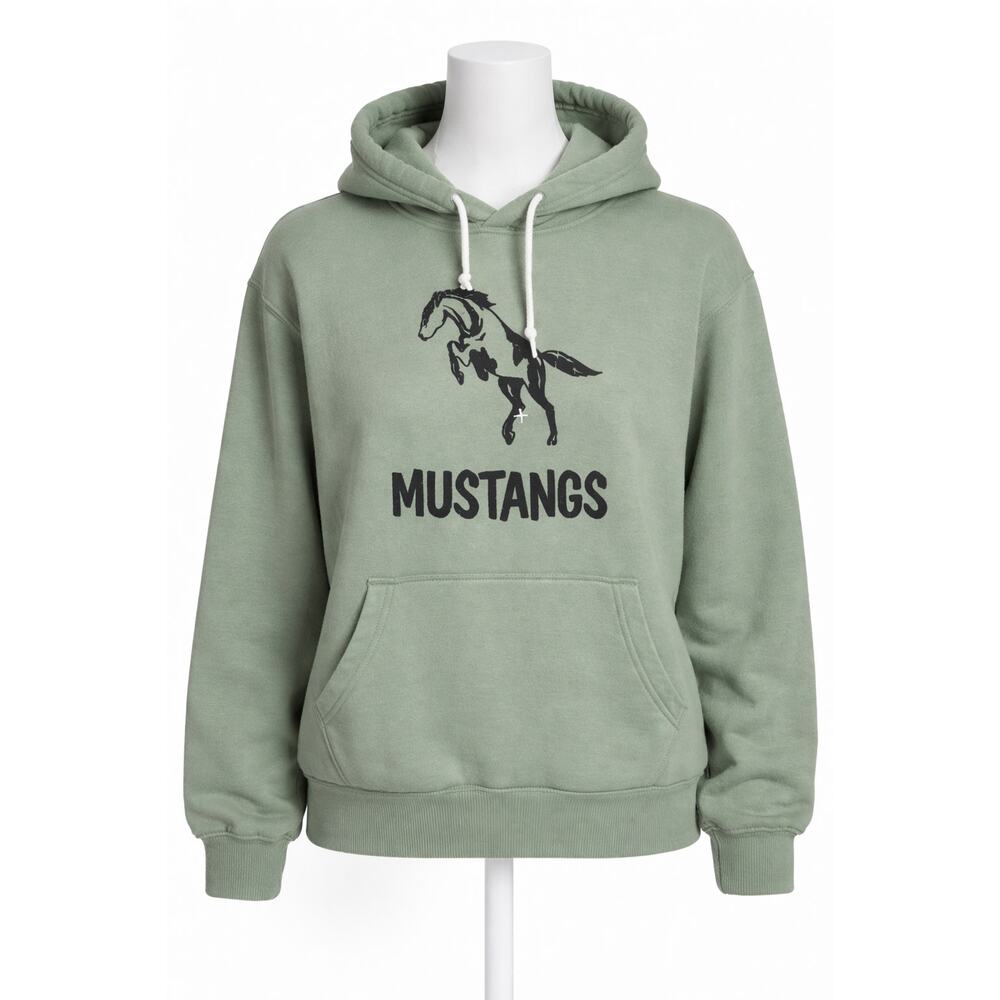 VTG 70s Mustang Mascot Hoodie Green Size L Collegiate Graphic Sweatshirt Unisex - Picture 2 of 6